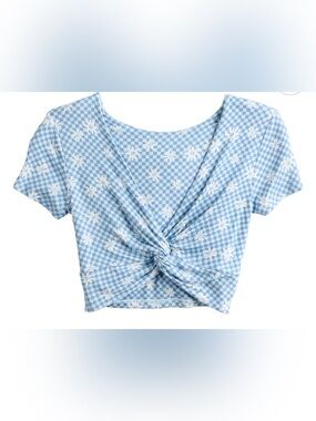 SO Light Blue Floral Check Knot-Front Crop Top, Size XS